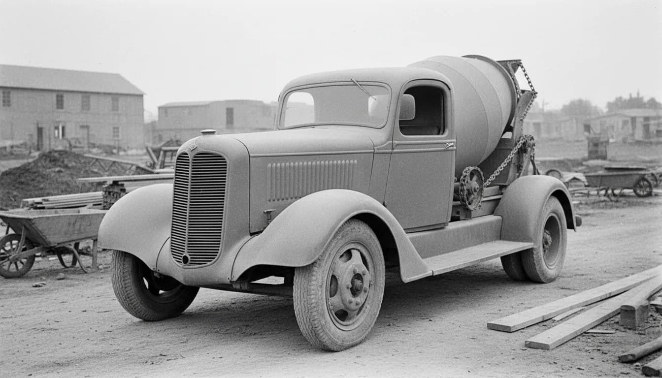 Un des premiers camions malaxeurs à béton des années 1930, petit tambour entraîné par chaînes monté sur le plateau