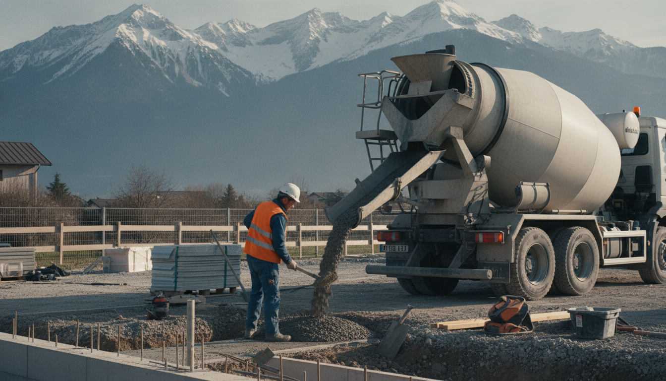 Camion toupie livrant du béton sur un chantier en Haute-Savoie, Alpes en arrière-plan