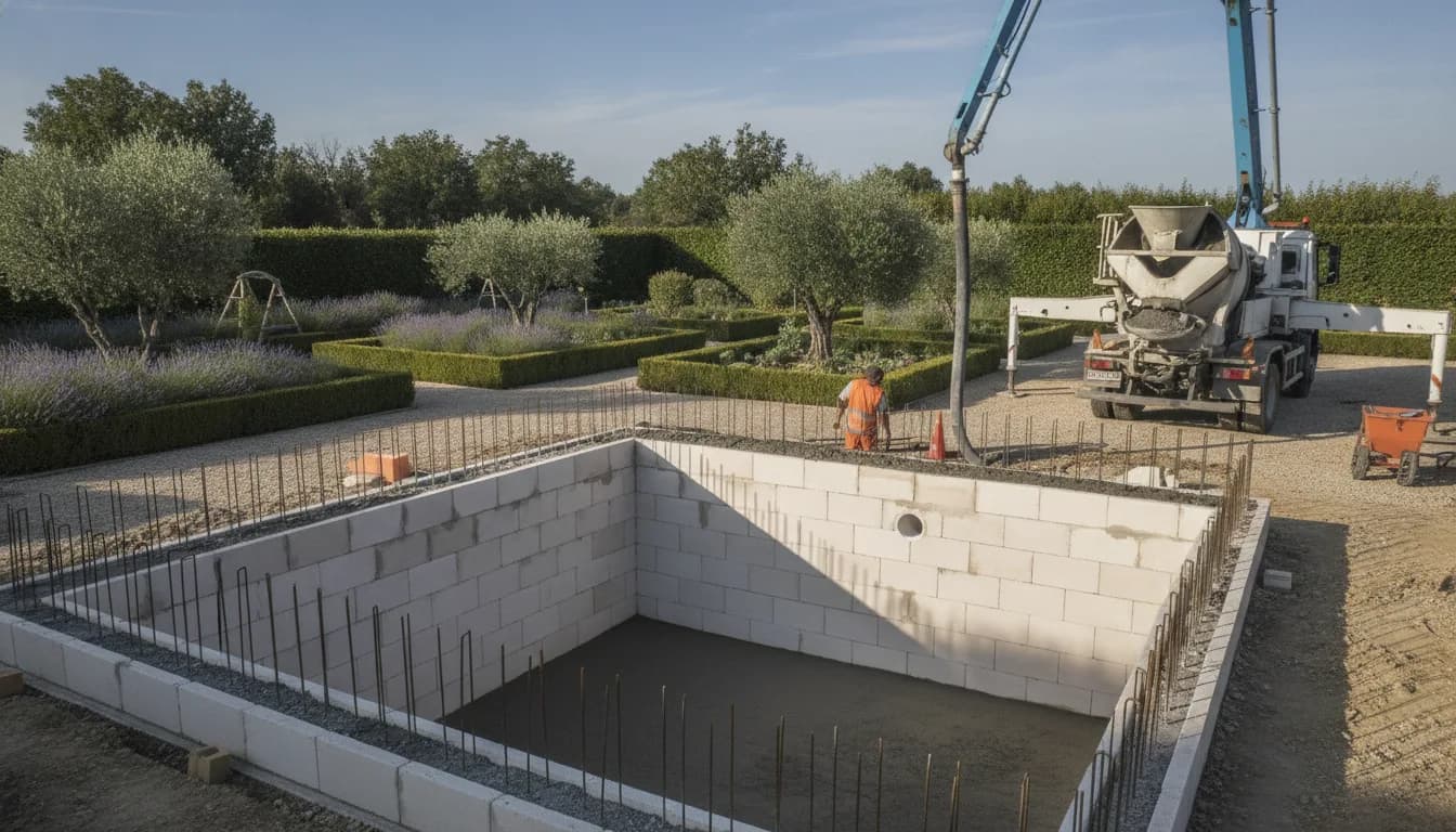 Piscine en béton : prix, blocs à bancher, béton coulé ou projeté, volume à commander