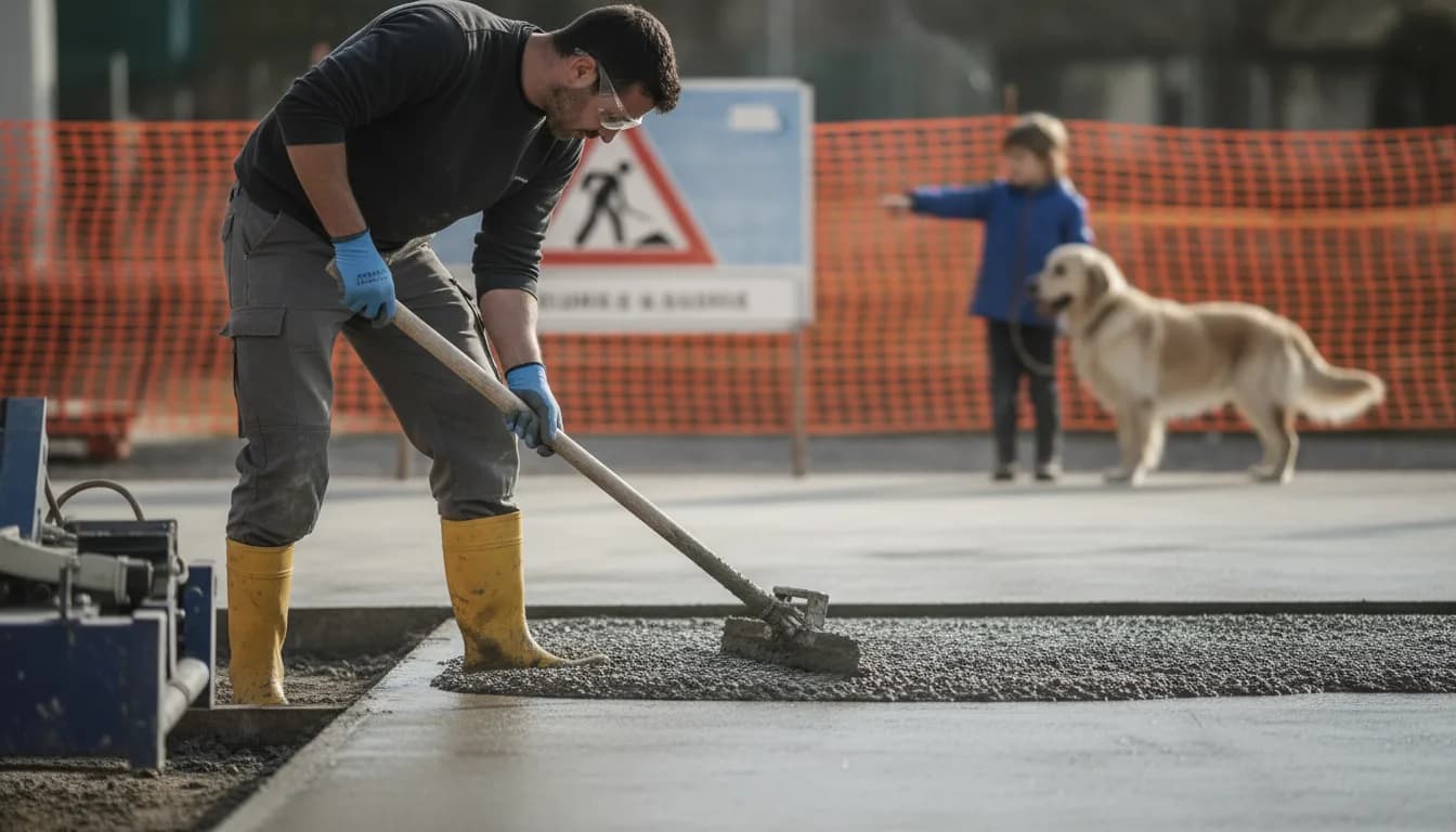 Béton et sécurité : brûlures, protections, enfants et animaux sur un chantier de coulage