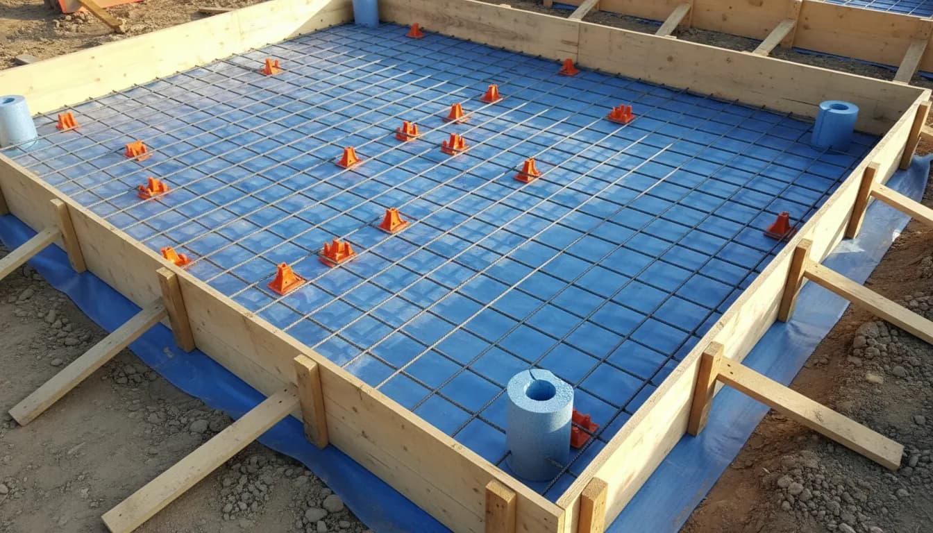 Coffrage de dalle prêt à couler : planches maintenues par des piquets, film polyane au fond et treillis soudé posé sur cales à mi-épaisseur